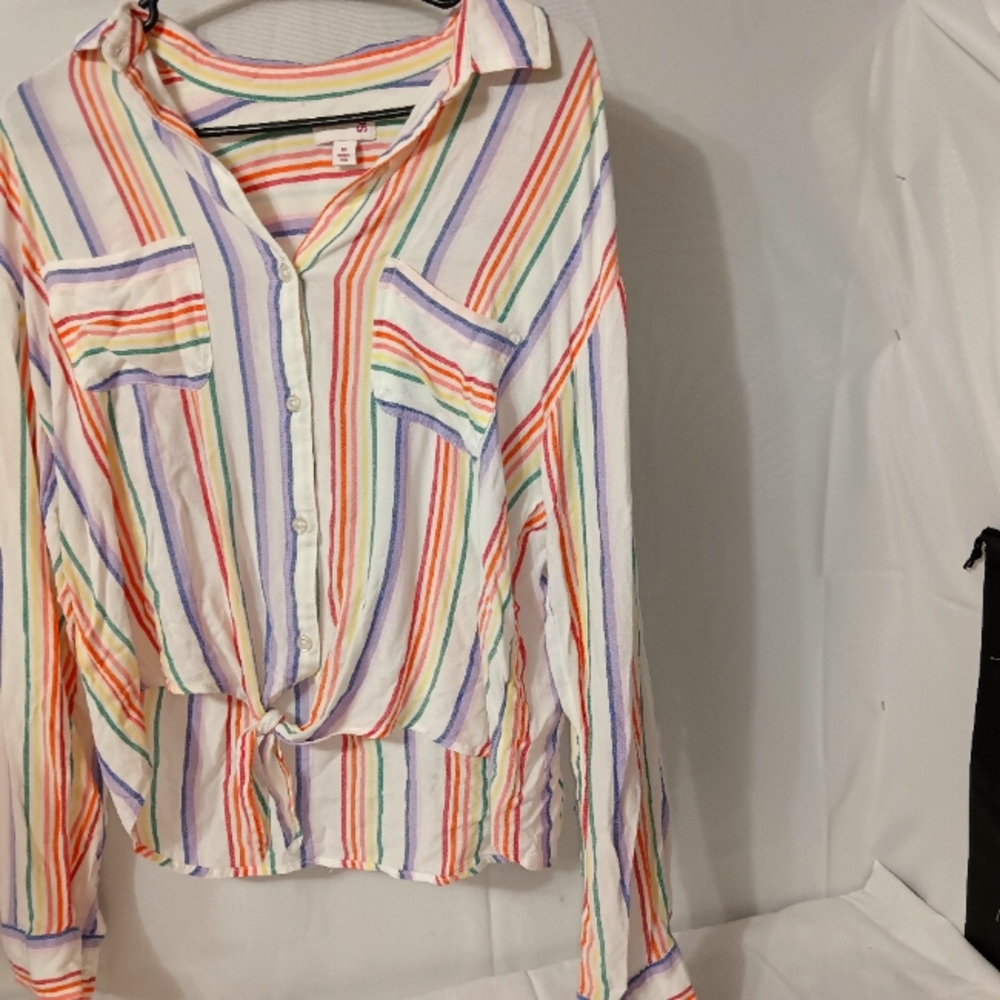 Button Juniors Blouse Tie LONG Sleeve Top Size M IVORY Rainbow Pride Wear SO
